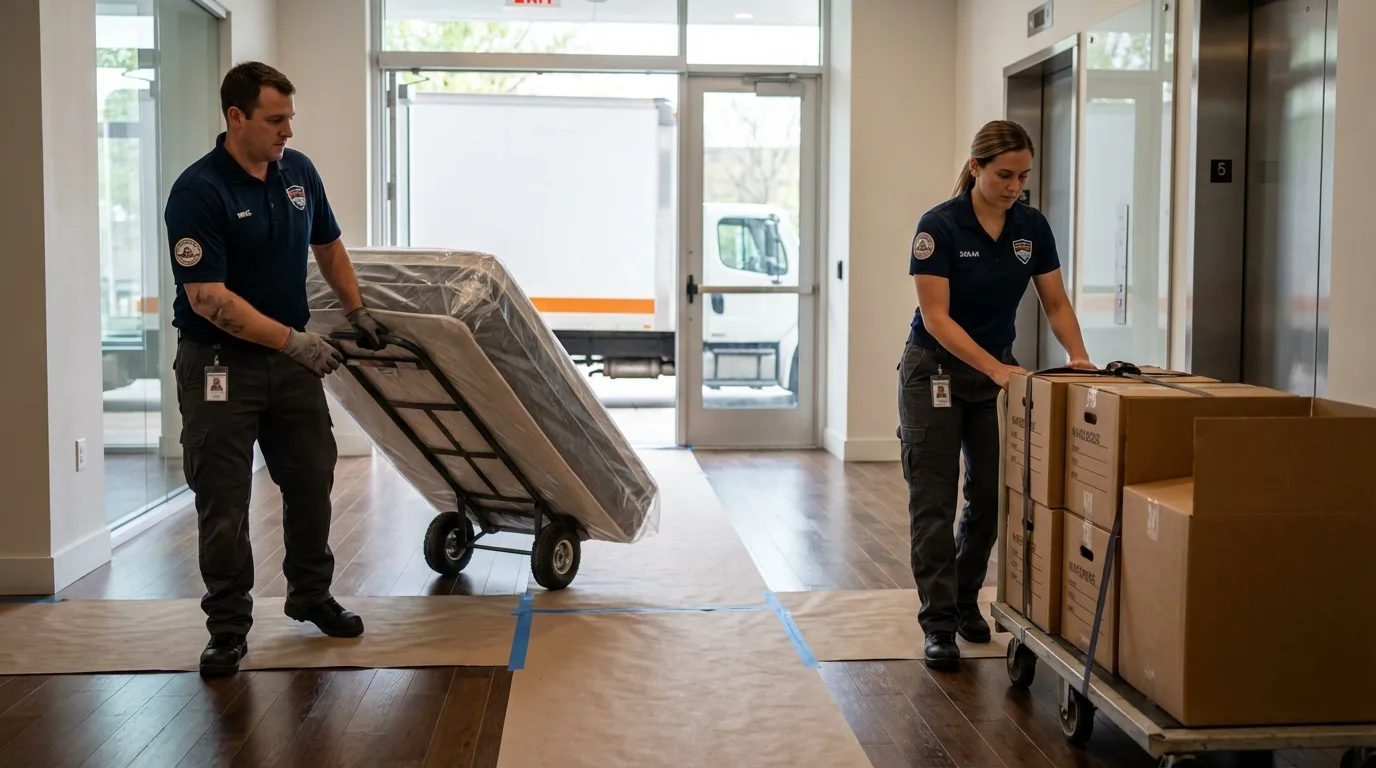 Professional apartment movers loading elevator in Talbotton, GA